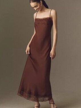 BHLDN Lace Satin Slip Maxi Dress Chocolate XS Anthropologie